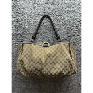 Gucci‎ Monogram D Gold Canvas Tote Bag Dark Brown w/ Leather Trim